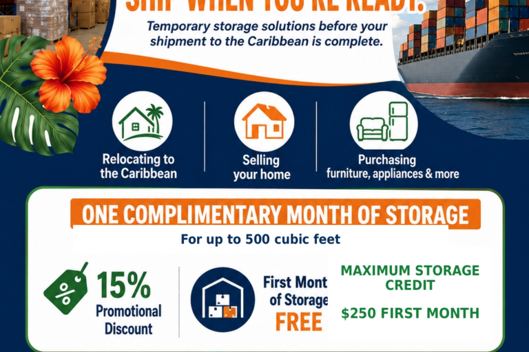 Caribbean Cargo DC temporary storage promotion for qualifying Caribbean shipments.